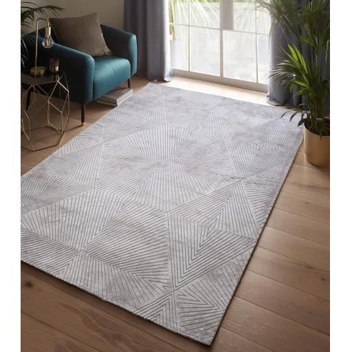 Blaize Geometric Rug by Clarke & Clarke Soft Silky Quality Viscose Geometric Design Rug in Silver Grey