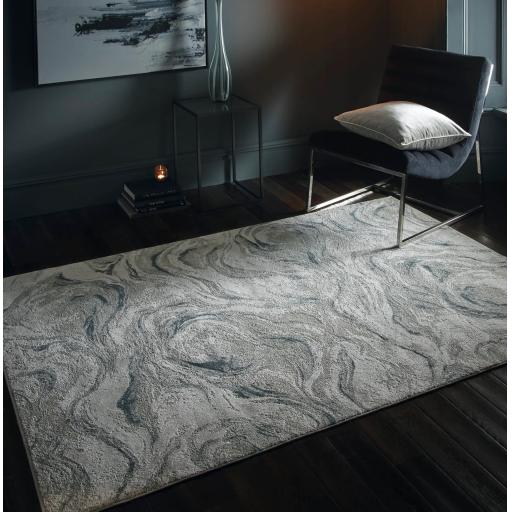 Lavico Swirl Marbled Rug Modern Abstract Silk Shiny Rug by Clarke & Clarke in Charcoal Grey