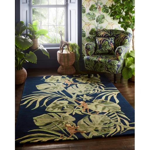 Monkey Business Botanical Wool Viscose Rug by Clarke & Clarke Hand Tufted Quality Rug in Indigo Blue