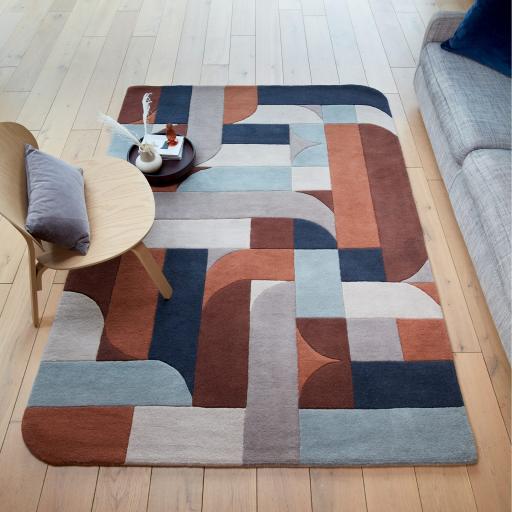 New Matrix Klotski MAX88 Modern Retro Geometric Quality Hand Tufted Wool Rug in Terracotta Blue