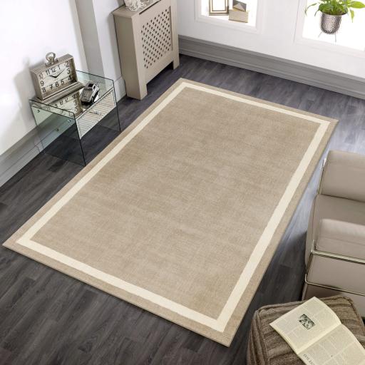 Albi Sand Beige Border Classic Plain Pure Wool Rug