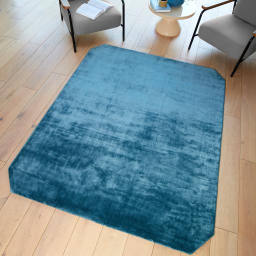 Gleam Luxury Contemporary Modern Shiny Plain Hand Woven Teal Blue Rug