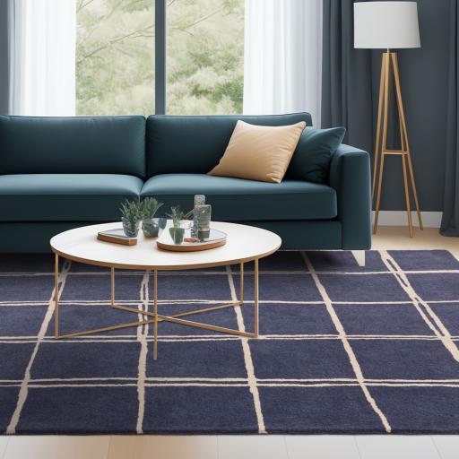 Albany Grid Modern Checkered Lines Geometric Wool Rug in Marine Blue