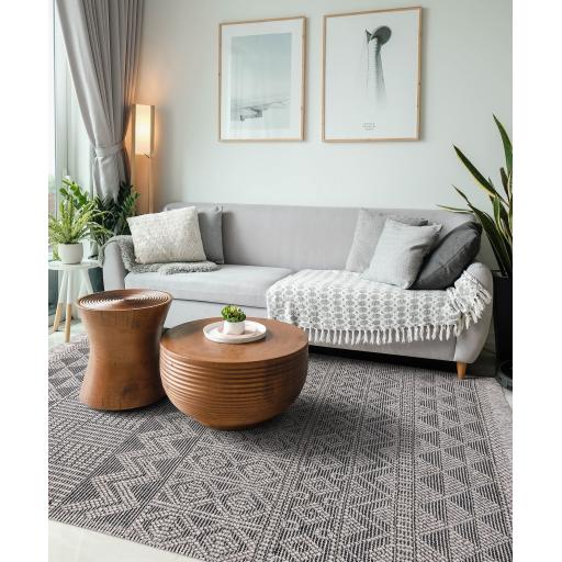 Anya ANR01 Rug Hand Made Wool Geometric Traditional Modern Bohomian Tribal Fringed  Rug in Grey Black