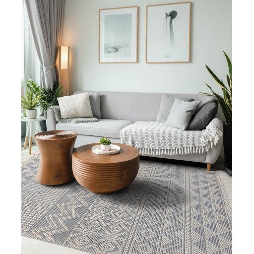 Anya ANR01 Rug Hand Made Wool Geometric Traditional Modern Bohomian Tribal Fringed  Rug in Ivory Slate