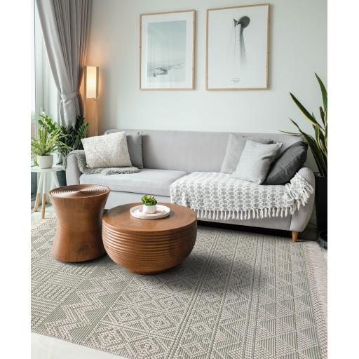 Anya ANR01 Rug Hand Made Wool Geometric Traditional Modern Bohomian Tribal Fringed  Rug in Ivory Mint