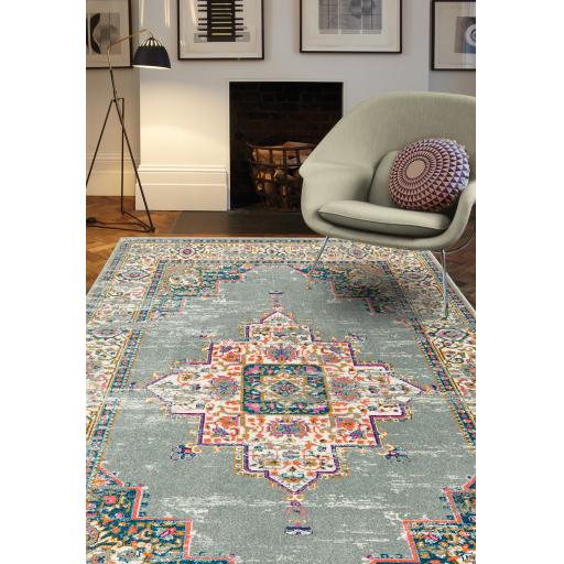 Colt Medallion Traditional Bordered Rugs in Grey and Fuchsia