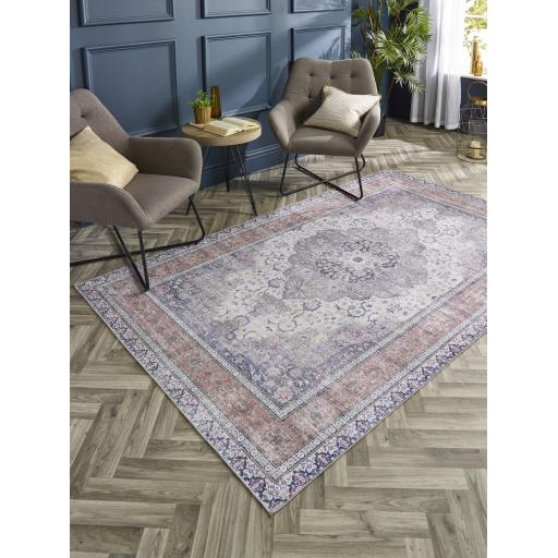 Origins Washable Croft Traditional Medallion Soft Chenille Rug in Blue Rust Multi