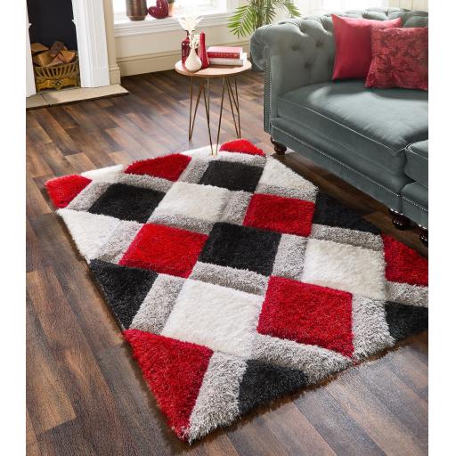 Origins 3D GEO Soft Silky Shaggy Modern Diamond Rug in Red