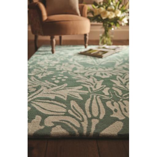 Heritage 1 Floral Pure Wool Damask Hand Tufted Rug in Soft Teal Green