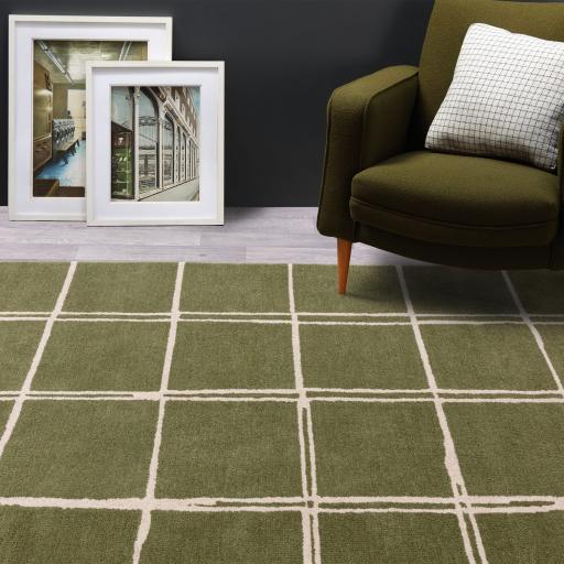 Albany Grid Modern Checkered Lines Geometric Wool Rug in Olive Green