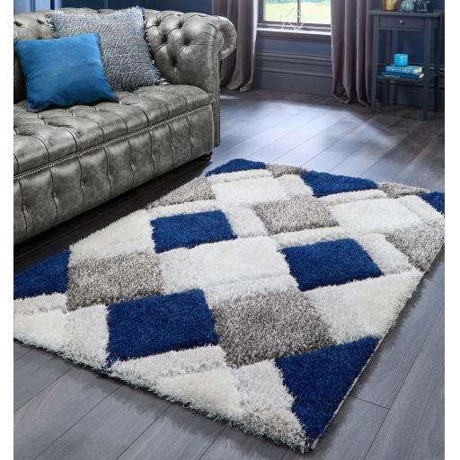 Origins 3D GEO Soft Silky Shaggy Modern Diamond Rug in Navy