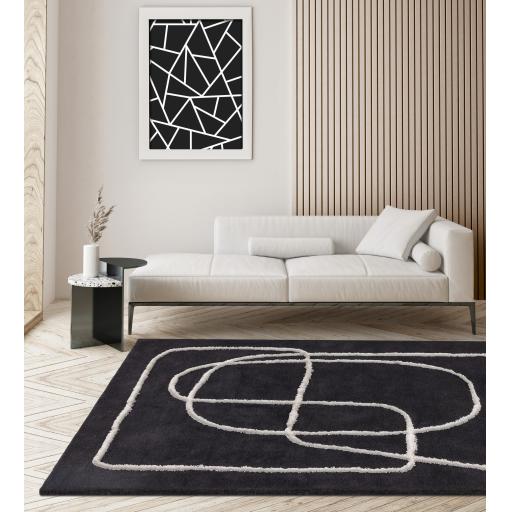 Matrix 94 Infinity Retro Modern Abstract Hand Tufted Wool Viscose Soft Silky Rug in Charcoal Grey