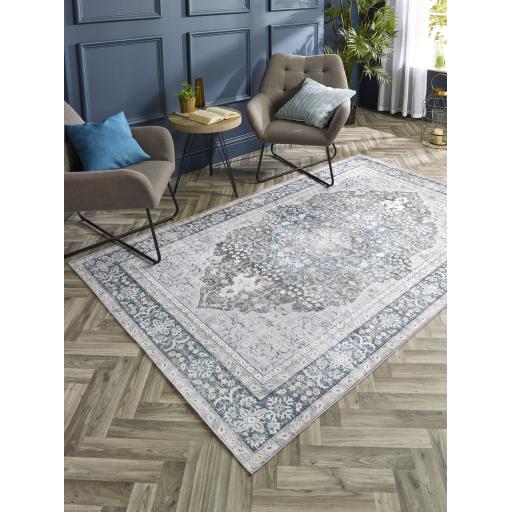 Origins Washable Oakham Traditional Medallion Soft Chenille Rug in Teal Grey Multi