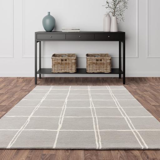 Albany Grid Modern Checkered Lines Geometric Wool Rug in Silver Grey