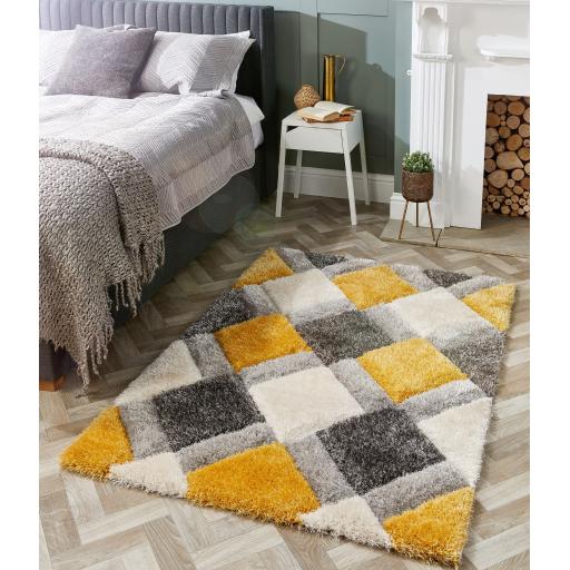 Origins 3D GEO Soft Silky Shaggy Modern Diamond Rug in Ochre Yellow Grey