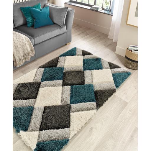 Origins 3D GEO Soft Silky Shaggy Modern Diamond Rug in Teal Blue