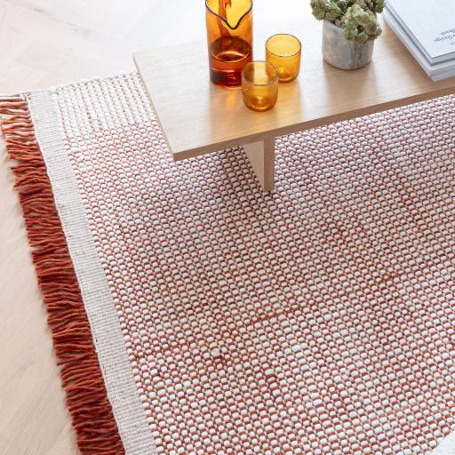 Avalon Modern Fringed Wool Hand Woven Flatweave Plain Rug in Rust Brown