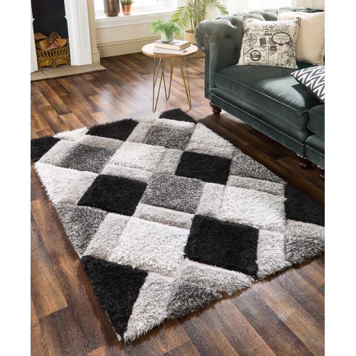 Origins 3D GEO Soft Silky Shaggy Modern Diamond Rug in Grey Black