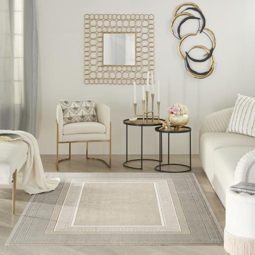 Glitz GLZ07 Modern Classic Geometric Framed Border Soft Silky Shimmer Ivory White Rug Runner by Nourison