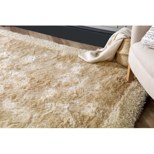 Origins Shimmer Silky Shaggy Hand Tufted Carpet Border Modern Soft Fluffy Shag Rug in Champagne Beige