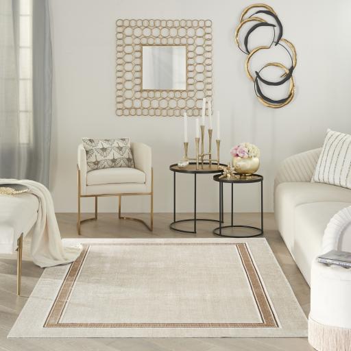 Glitz GLZ08 Modern Classic Geometric Frame Border Soft Silky Shimmer Ivory Cream Rug Runner by Nourison