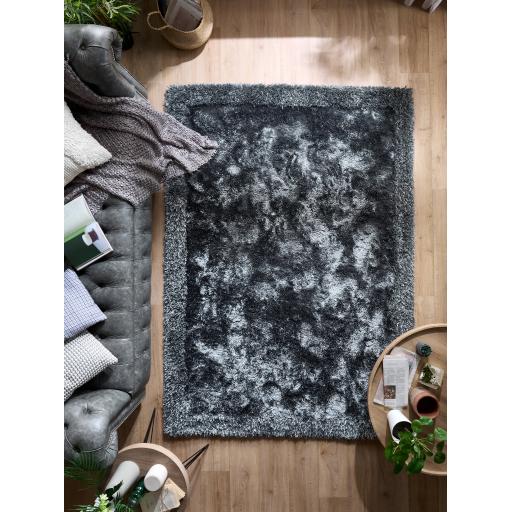 Origins Shimmer Silky Shaggy Hand Tufted Carpet Border Modern Soft Fluffy Shag Rug in Charcoal Grey