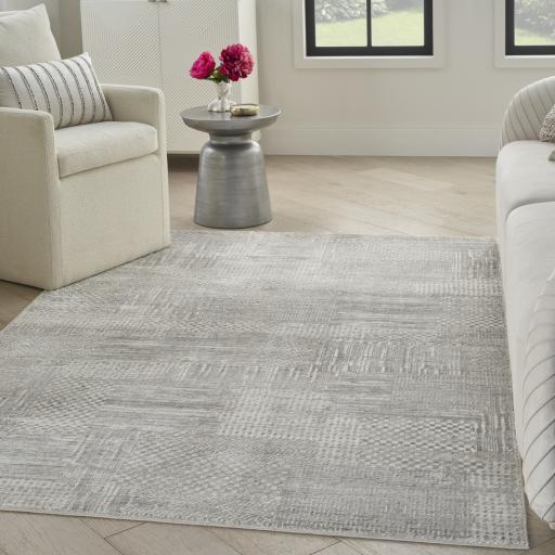 Glitz GLZ09 Modern Classic Geometric Patchwork Soft Silky Shimmer Silver Grey Rug Runner by Nourison