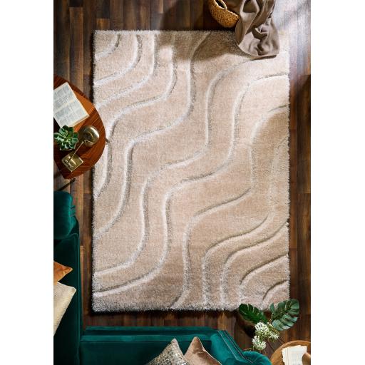 Origins Soft Carved Wave Silky Shine Shaggy Modern Rug in Cream