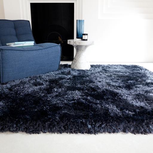 Plush Plain Shaggy High Pile Thick Silky Fluffy Soft Hand Woven Navy Blue Rug