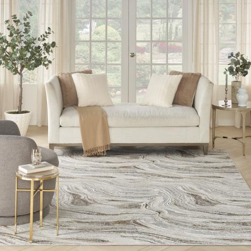 Glitz GLZ22 Modern Abstract Marble Soft Silky Shimmer Grey Gold Rug Runner by Nourison