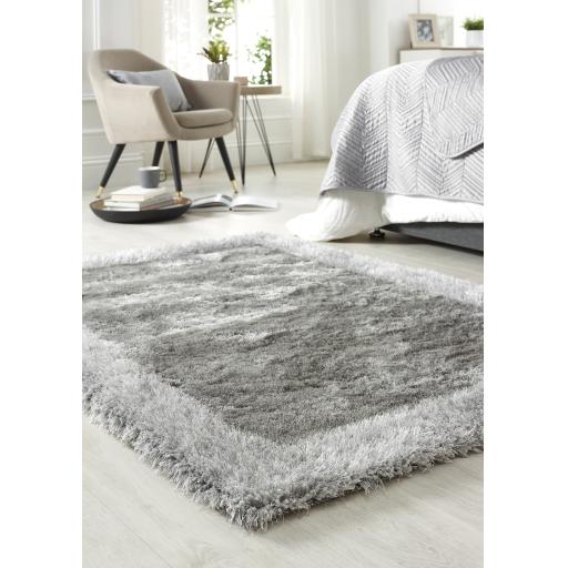 Origins Shimmer Silky Shaggy Hand Tufted Carpet Border Modern Soft Fluffy Shag Rug in Silver