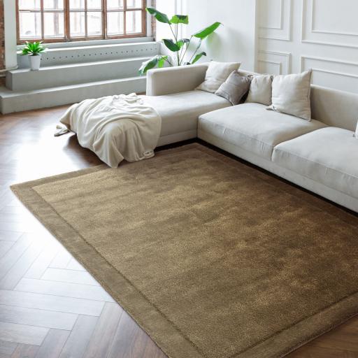 Rise Modern Plain Hand Carved Soft Silky Shiny Wool Viscose Rug in Olive Green