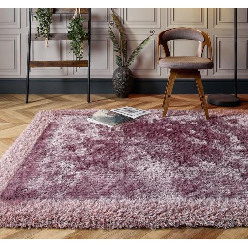 Origins Shimmer Silky Shaggy Hand Tufted Carpet Border Modern Soft Fluffy Shag Rug in Mauve