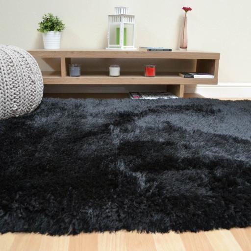 Plush Plain Shaggy High Pile Thick Silky Fluffy Soft Hand Woven Black Rug