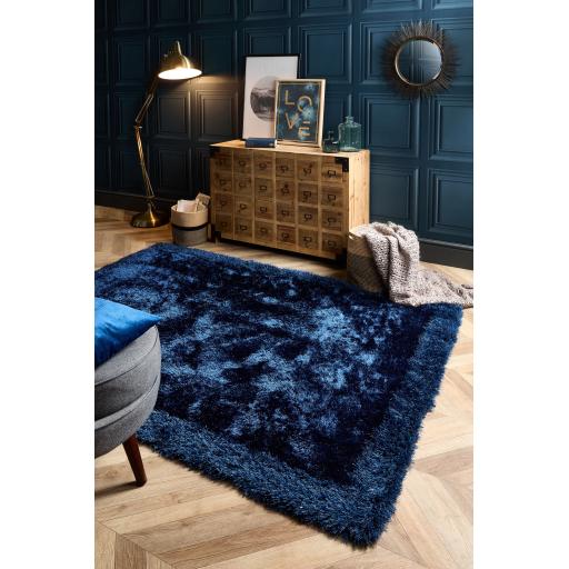 Origins Shimmer Silky Shaggy Hand Tufted Carpet Border Modern Soft Fluffy Shag Rug in Indigo Blue