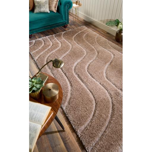 Origins Soft Carved Wave Silky Shine Shaggy Modern Rug in Beige