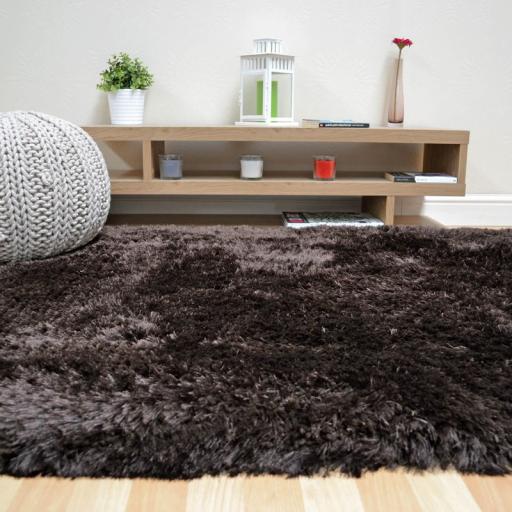 Plush Plain Shaggy High Pile Thick Silky Fluffy Soft Hand Woven Dark Chocolate Brown Rug