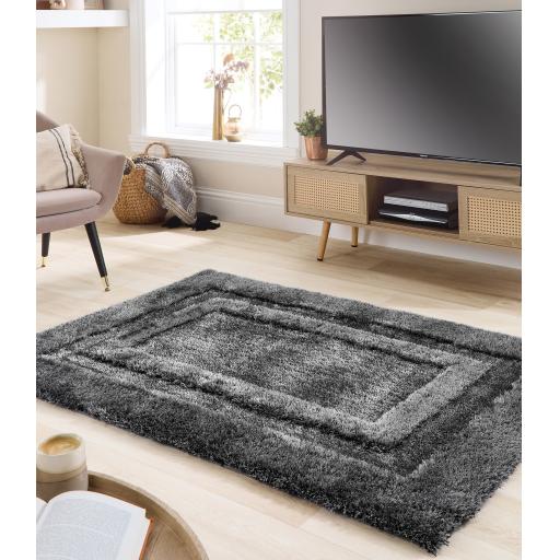 Origins Frame Hand Tufted Soft Silky Thick Shaggy Rug in Charcoal Grey