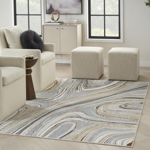 Glitz GLZ21 Modern Abstract Marble Soft Silky Shimmer Grey Gold Rug Runner by Nourison