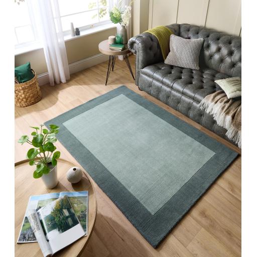 Origins Borders Hand Loom Woven Wool Bordered Rug Hallway in Sage Green