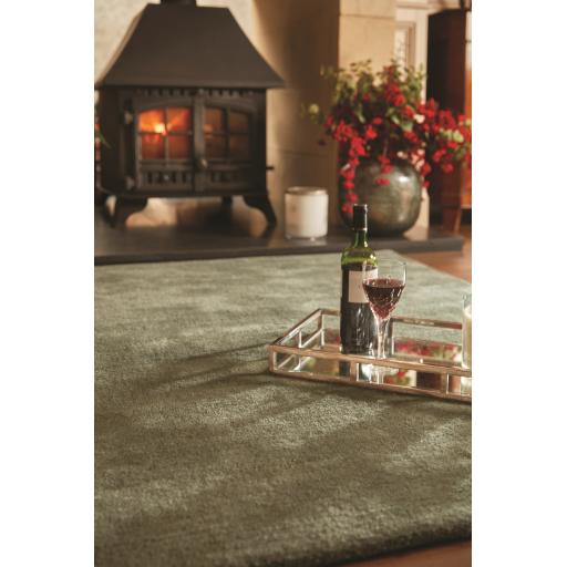 Rug Guru Hush Modern Plain Hand Woven Wool Viscose Soft Silky Shine Olive Green Rug