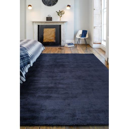 Reko Modern Contemporary Plain Hand Woven Viscose Silky Navy Blue Rug