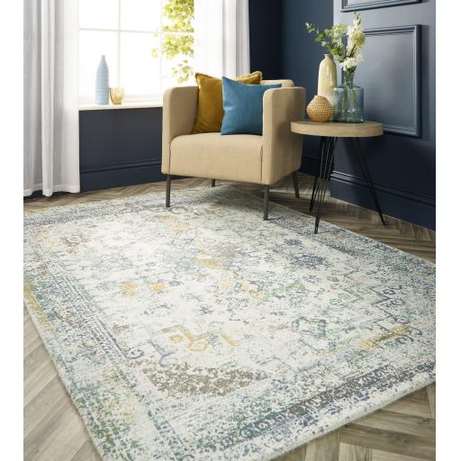 Origins Vogue Traditional Vintage Look Rug in Blue Ochre Yellow