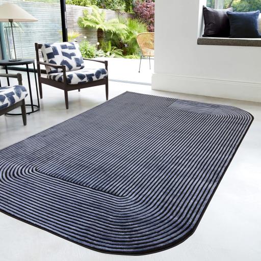 Kuza Shape Rug Soft Silky Curved Edges Abstract Modern Plain Striped Rug in Black / Navy