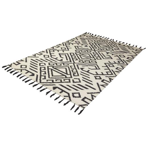 Modern Hand Woven Flatweave Wool Diamond Tribal Berber Kilim Tasseled Jazmin JZM06 Black White Rug