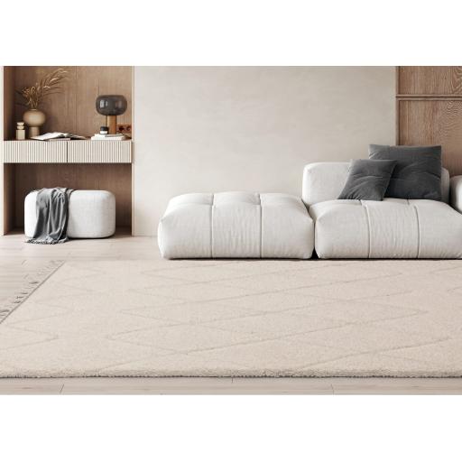 Fes FE05 Shaggy Rug Moroccan Berber Modern Bohomian Soft Touch Tufted Tasseled Cream White Rug