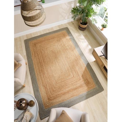 Jute Bordered Rug Indoor Outdoor Handmade Braid Stitched Sage Green Rug