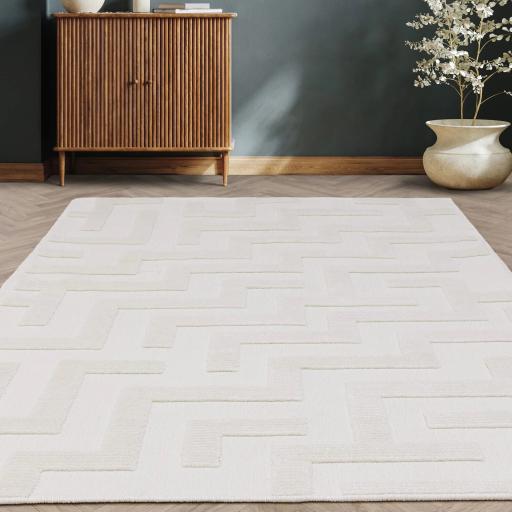 Freja Cove Washable Rug Short Pile Modern Abstract Maze Geometric Ivory White Rug