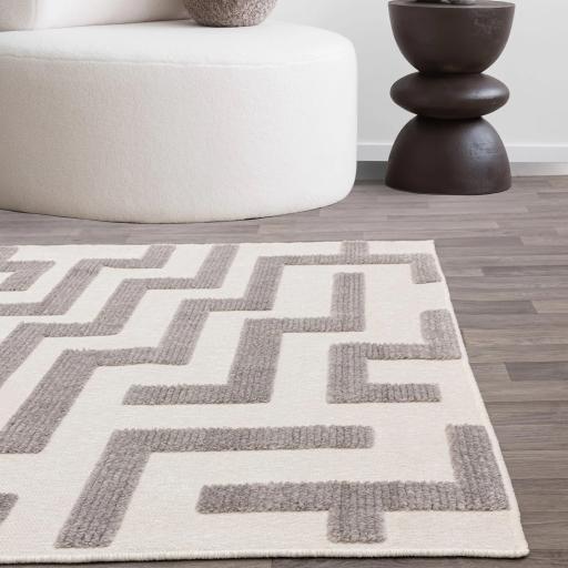 Freja Cove Washable Rug Short Pile Modern Abstract Maze Geometric Ivory Grey Rug